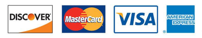 We accept Visa, AMEX, Discover, and Master Card